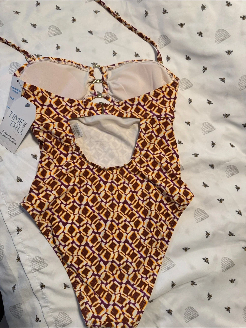 Geometric One-Piece Swimsuit in Maroon & Mustard XS (0-2) with matching cover up